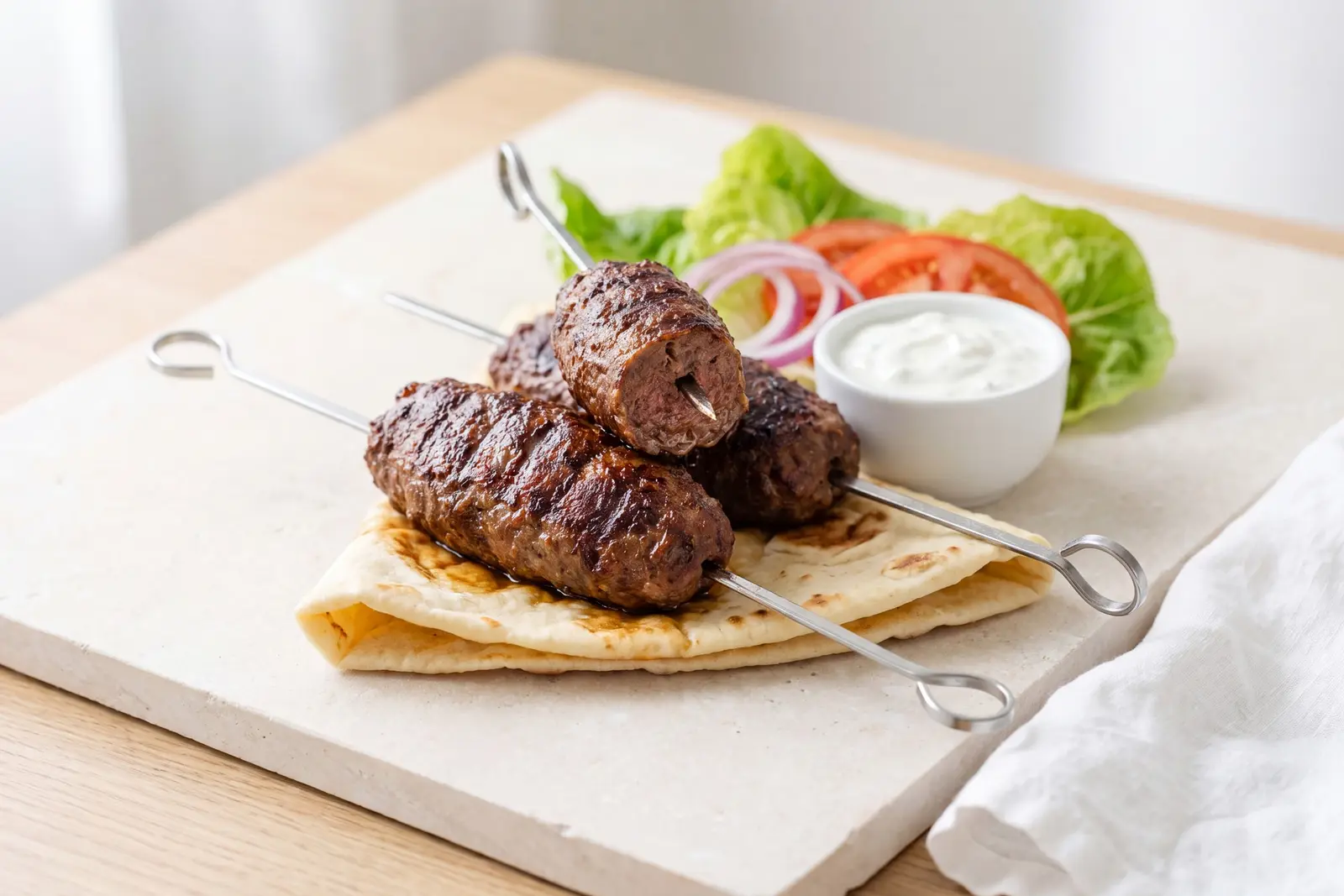 קבב טלה על שיפודים בפיתה עם יוגורט וירקות