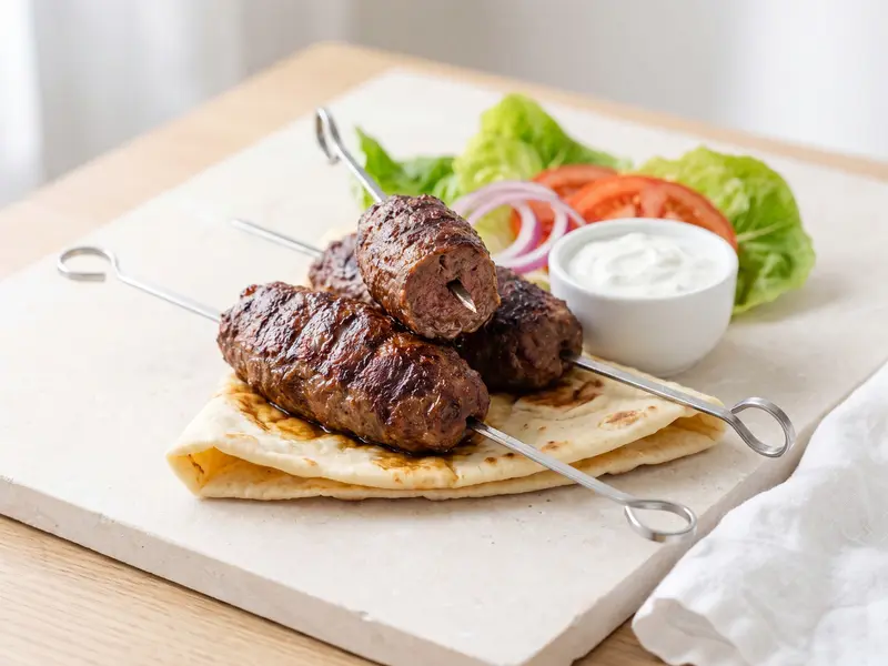 קבב טלה על שיפודים בפיתה עם יוגורט וירקות